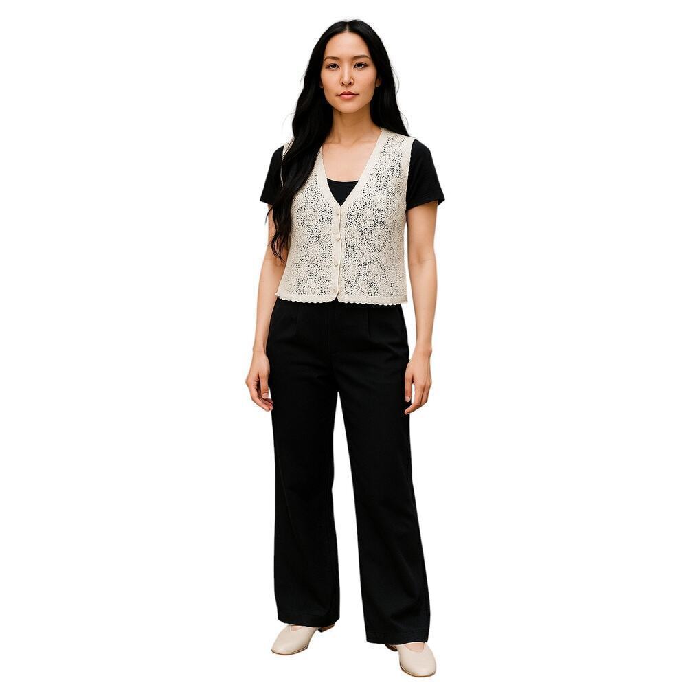 Tally-Ho Women’s L Boho Crochet Knit Vest White Button Ramie Cotton Vintage